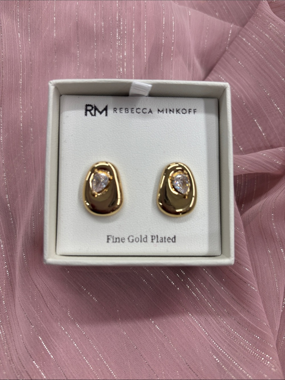 Rebecca Minkoff Gold Plated Teardrop Studs with Pink Crystal